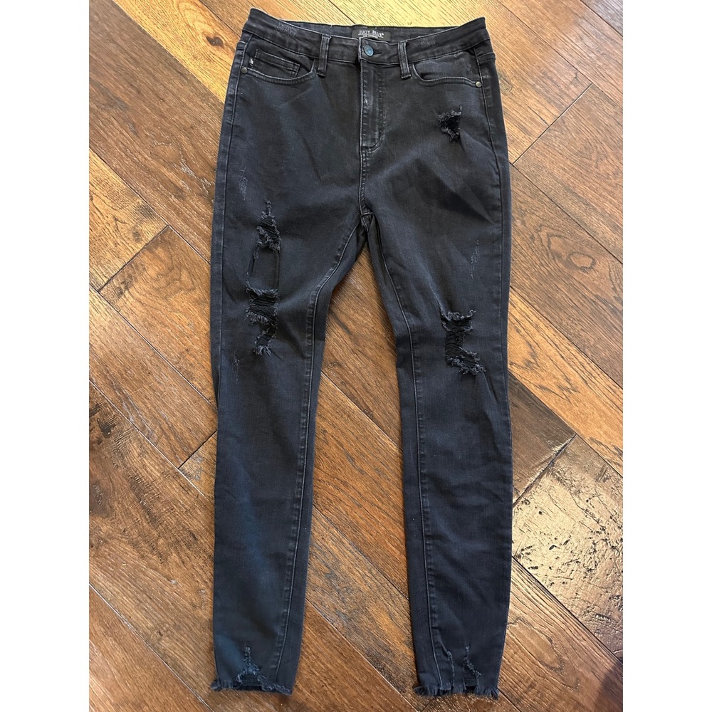 Judy Blue Los Angeles Distressed Skinny Jeans Black Raw Hem JB88268-L Size 13/31